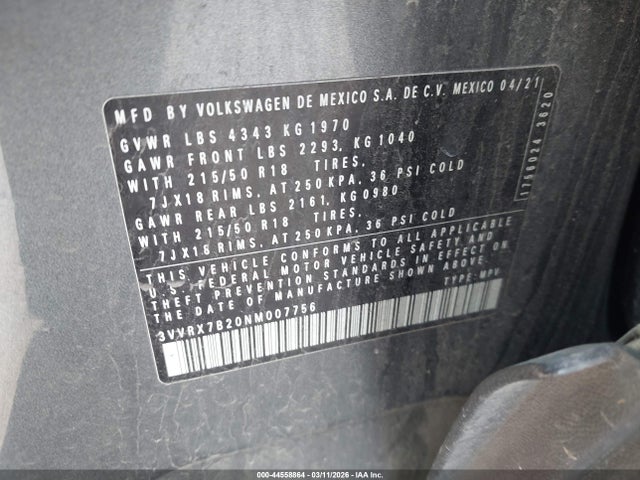 44558864 :رقم المزاد ، 3VVRX7B20NM007756 vin ، 2022 Volkswagen Taos 1.5t Se مزاد بيع