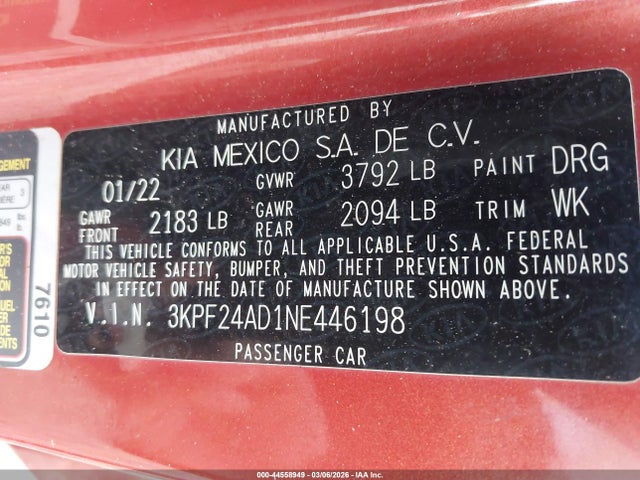 Продажа на аукционе авто 2022 Kia Forte Lxs, vin: 3KPF24AD1NE446198, номер лота: 44558949