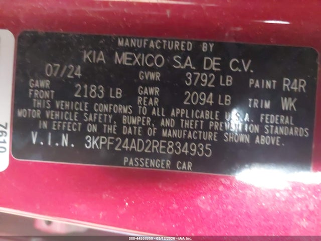 Aukcja sprzedaży 2024 Kia Forte Lxs, vin: 3KPF24AD2RE834935, numer aukcji: 44558950