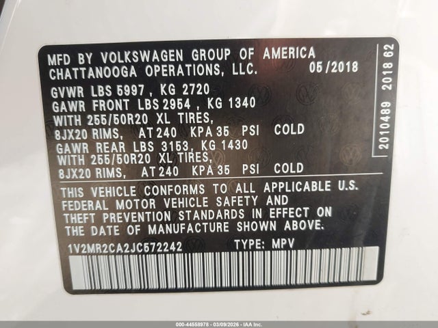 2018 VOLKSWAGEN ATLAS 1V2MR2CA2JC572242 Photo 8