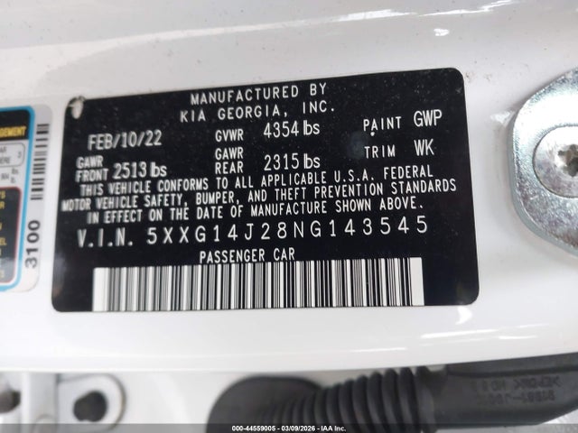Aukcja sprzedaży 2022 Kia K5 Lxs, vin: 5XXG14J28NG143545, numer aukcji: 44559005