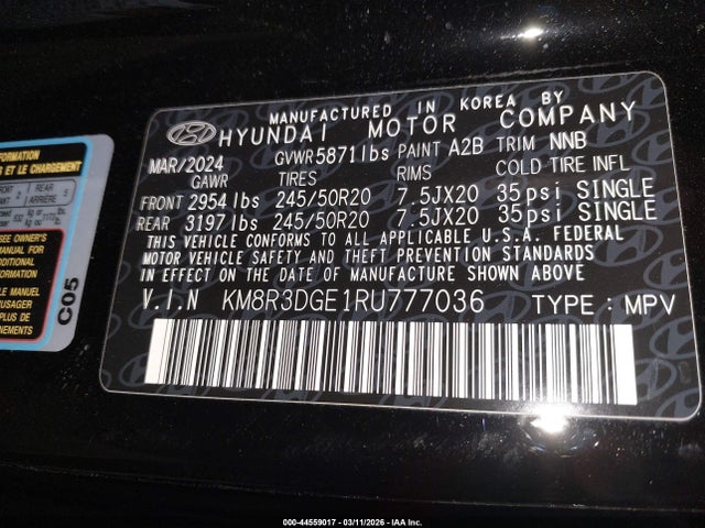 44559017 :رقم المزاد ، KM8R3DGE1RU777036 vin ، 2024 Hyundai Palisade Xrt مزاد بيع