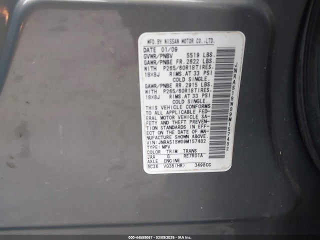 44559067 :رقم المزاد ، JNRAS18W09M157482 vin ، 2009 Infiniti Fx35 مزاد بيع