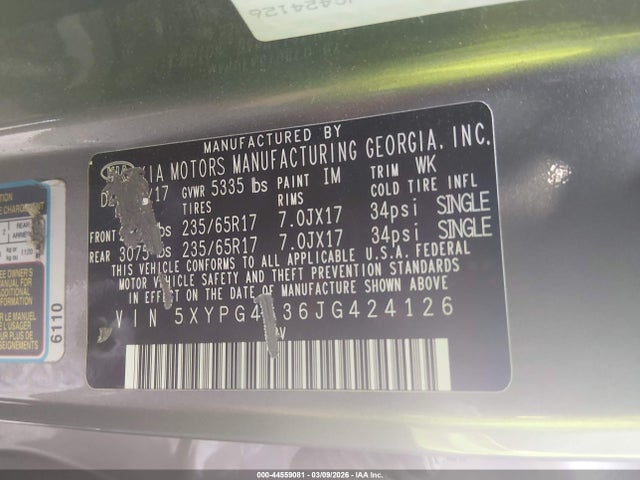 5XYPG4A36JG424126 KIA Sorento 2.4l Lx
