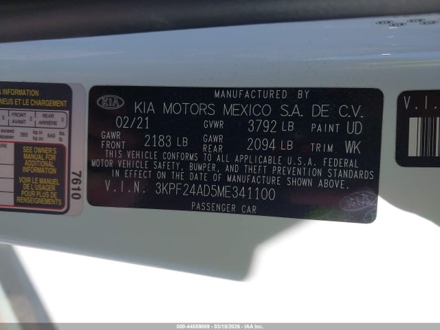 Aukcja sprzedaży 2021 Kia Forte Lxs, vin: 3KPF24AD5ME341100, numer aukcji: 44559089