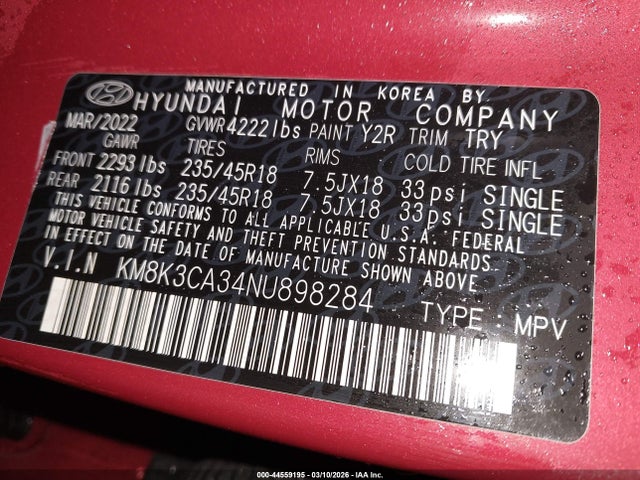 2022 Hyundai Kona N Line მანქანა იყიდება აუქციონზე, vin: KM8K3CA34NU898284, აუქციონის ნომერი: 44559195