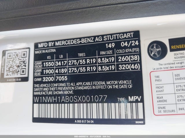 Aukcja sprzedaży 2025 Mercedes-benz G 550 4matic, vin: W1NWH1AB0SX001077, numer aukcji: 44559214