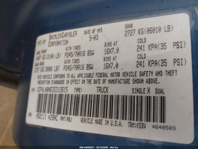 44559221 :رقم المزاد ، 1D7HL48N63S312615 vin ، 2003 Dodge Dakota Slt مزاد بيع