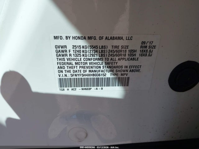 Honda Pilot Ex 2017 5FNYF5H4XHB036152 Image 9