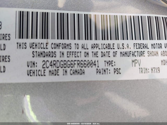44559305 :رقم المزاد ، 2C4RDGBG6FR660041 vin ، 2015 Dodge Grand Caravan Se Plus مزاد بيع