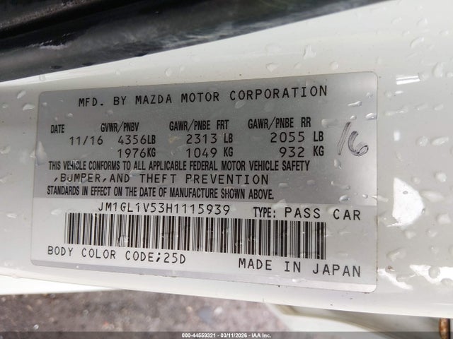 Продажа на аукционе авто 2017 Mazda Mazda6 Touring, vin: JM1GL1V53H1115939, номер лота: 44559321