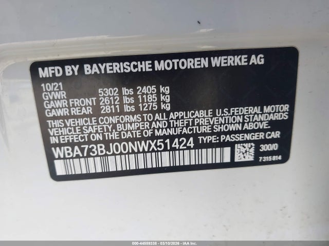Aukcja sprzedaży 2022 Bmw 540 I Xdrive, vin: WBA73BJ00NWX51424, numer aukcji: 44559338