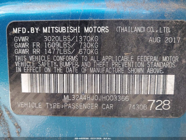 Продаж на аукціоні авто 2018 Mitsubishi Mirage Se, vin: ML32A4HJ0JH003366, номер лоту: 44559366