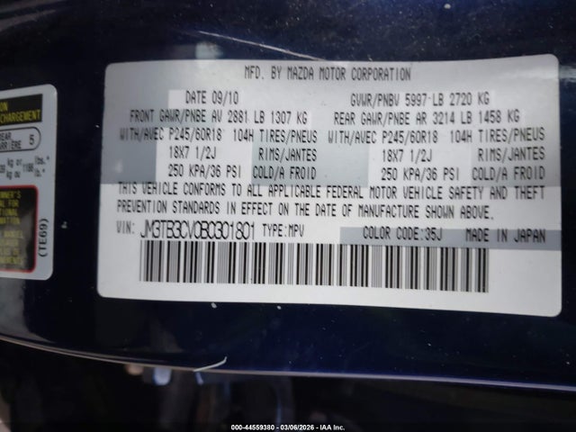 Продажа на аукционе авто 2011 Mazda Cx-9 Touring, vin: JM3TB3CV0B0301801, номер лота: 44559380