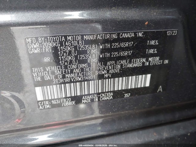 44559454 :رقم المزاد ، 2T3H1RFV2RW314801 vin ، 2024 Toyota Rav4 Le مزاد بيع