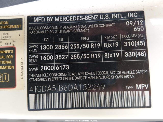 Продаж на аукціоні авто 2013 Mercedes-benz Ml 350, vin: 4JGDA5JB6DA132249, номер лоту: 44559457