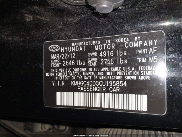2012 Hyundai Genesis 3.8 მანქანა იყიდება აუქციონზე, vin: KMHGC4DD3CU195854, აუქციონის ნომერი: 44559461