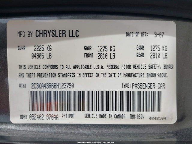 2008 Chrysler 300 Lx მანქანა იყიდება აუქციონზე, vin: 2C3KA43R68H123790, აუქციონის ნომერი: 44559468