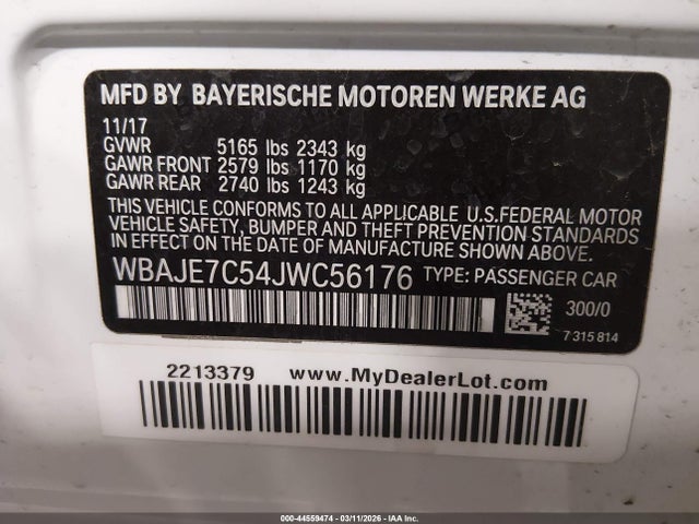 2018 Bmw 540i Xdrive მანქანა იყიდება აუქციონზე, vin: WBAJE7C54JWC56176, აუქციონის ნომერი: 44559474
