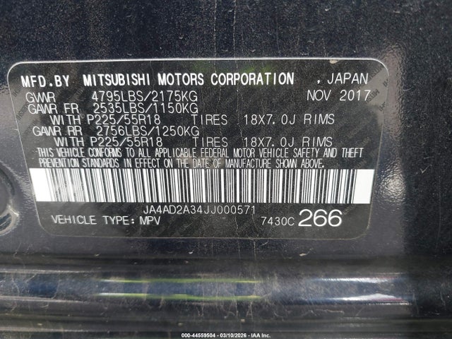 Продаж на аукціоні авто 2018 Mitsubishi Outlander Es, vin: JA4AD2A34JJ000571, номер лоту: 44559504
