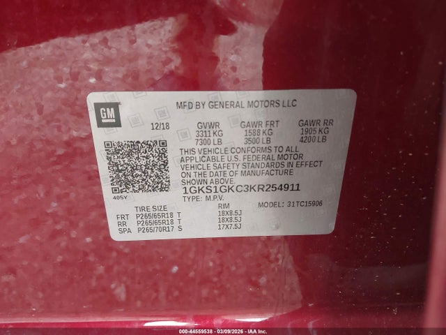 Aukcja sprzedaży 2019 Gmc Yukon Xl Slt, vin: 1GKS1GKC3KR254911, numer aukcji: 44559538