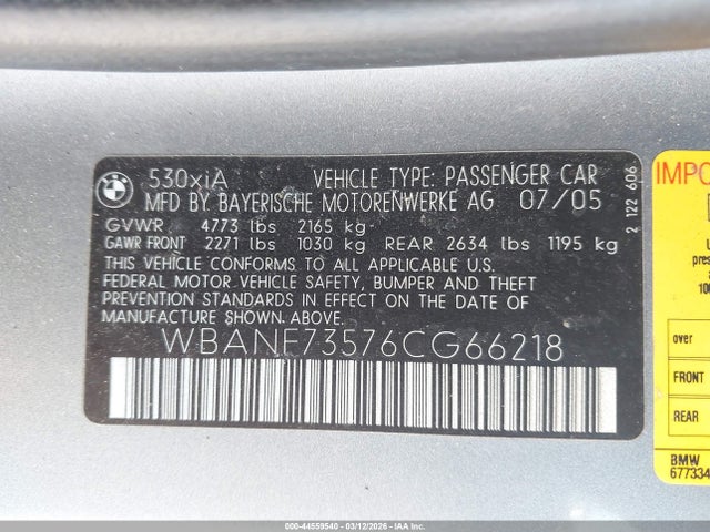 Aukcja sprzedaży 2006 Bmw 530xi, vin: WBANF73576CG66218, numer aukcji: 44559540