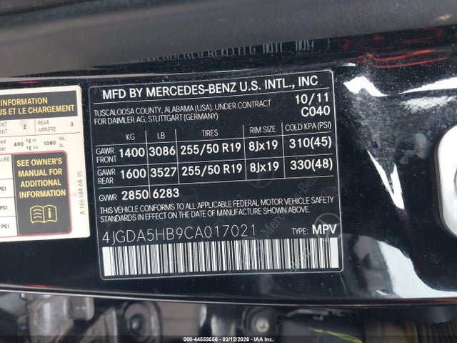 44559556 :رقم المزاد ، 4JGDA5HB9CA017021 vin ، 2012 Mercedes-benz Ml 350 4matic مزاد بيع