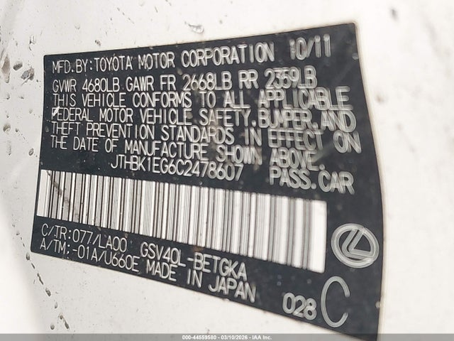 44559580 :رقم المزاد ، JTHBK1EG6C2478607 vin ، 2012 Lexus Es 350 مزاد بيع