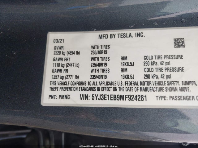 44559591 :رقم المزاد ، 5YJ3E1EB9MF924281 vin ، 2021 Tesla Model 3 Long Range Dual Motor All-wheel Drive مزاد بيع