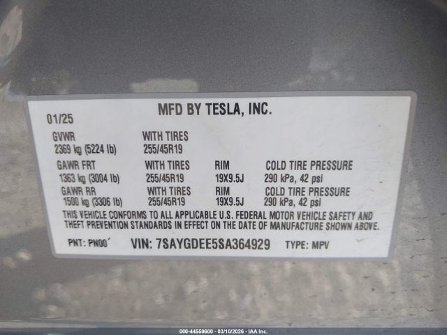 Aukcja sprzedaży 2025 Tesla Model Y Long Range Dual Motor All-wheel Drive, vin: 7SAYGDEE5SA364929, numer aukcji: 44559600