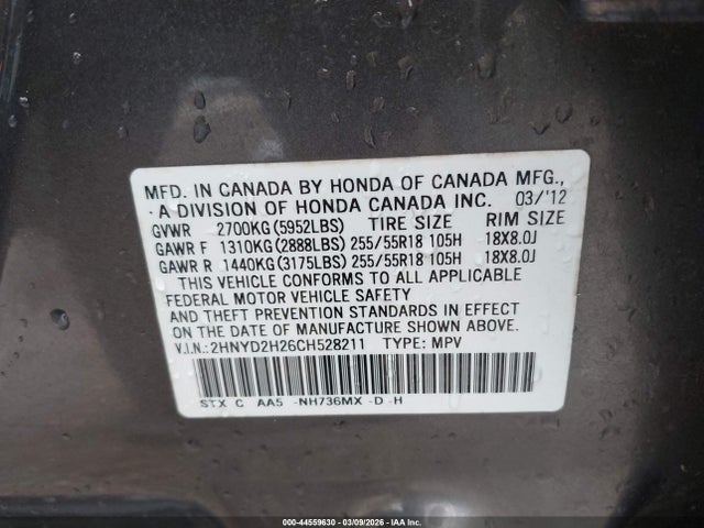44559630 :رقم المزاد ، 2HNYD2H26CH528211 vin ، 2012 Acura Mdx مزاد بيع