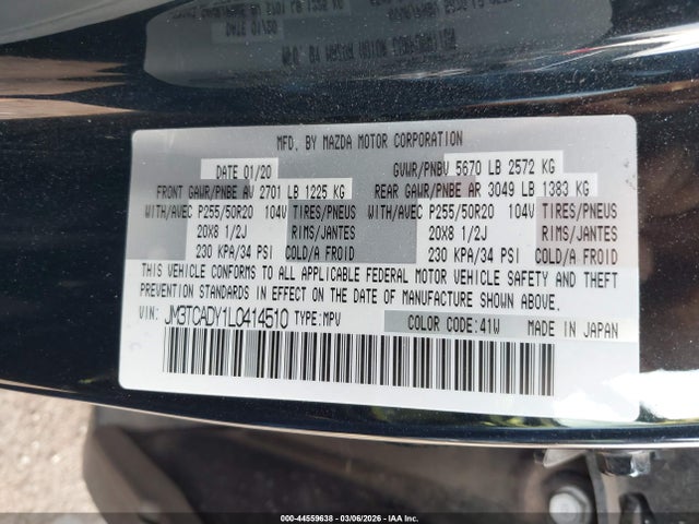 44559638 :رقم المزاد ، JM3TCADY1L0414510 vin ، 2020 Mazda Cx-9 Grand Touring مزاد بيع