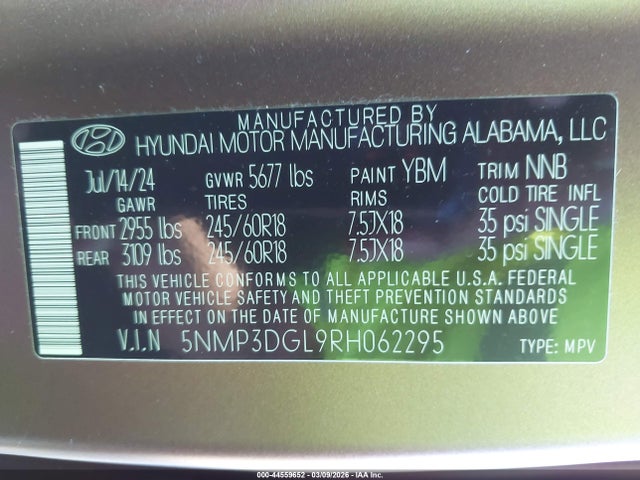 Продажа на аукционе авто 2024 Hyundai Santa Fe Xrt, vin: 5NMP3DGL9RH062295, номер лота: 44559652
