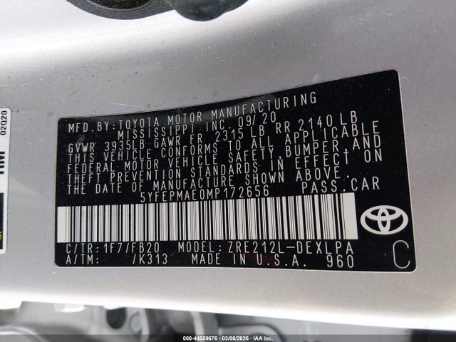 Aukcja sprzedaży 2021 Toyota Corolla Le, vin: 5YFEPMAE0MP172656, numer aukcji: 44559676