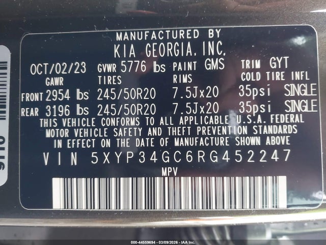 2024 Kia Telluride Ex მანქანა იყიდება აუქციონზე, vin: 5XYP34GC6RG452247, აუქციონის ნომერი: 44559694