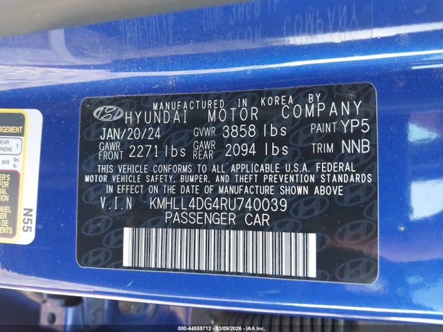 44559712 :رقم المزاد ، KMHLL4DG4RU740039 vin ، 2024 Hyundai Elantra Se مزاد بيع