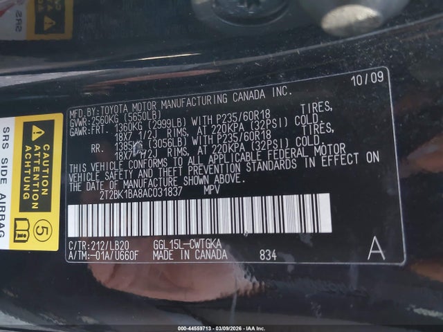 44559713 :رقم المزاد ، 2T2BK1BA8AC031837 vin ، 2010 Lexus Rx 350 مزاد بيع