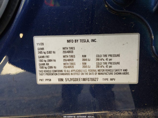 44559716 :رقم المزاد ، 5YJYGDEE1MF078627 vin ، 2021 Tesla Model Y Long Range Dual Motor All-wheel Drive مزاد بيع