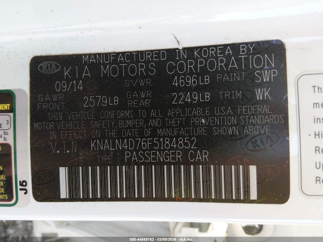 44559762 :رقم المزاد ، KNALN4D76F5184852 vin ، 2015 Kia Cadenza Premium مزاد بيع