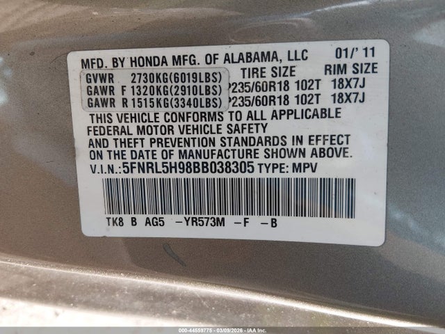Aukcja sprzedaży 2011 Honda Odyssey Touring/touring Elite, vin: 5FNRL5H98BB038305, numer aukcji: 44559775
