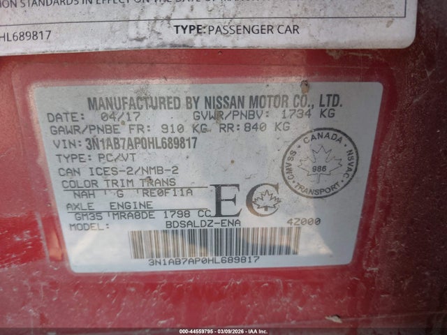 Продаж на аукціоні авто 2017 Nissan Sentra S/sl/sr/sv, vin: 3N1AB7AP0HL689817, номер лоту: 44559795