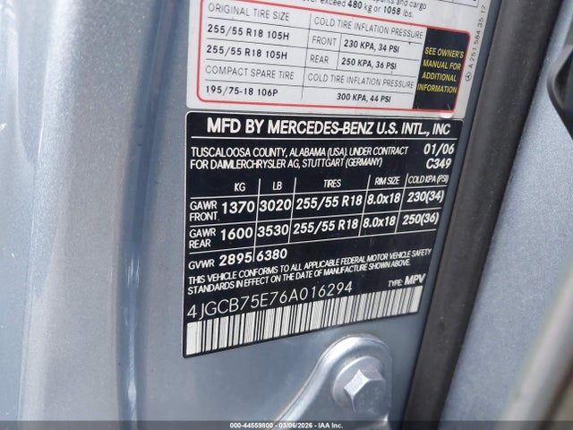 2006 Mercedes-benz R 500 4matic მანქანა იყიდება აუქციონზე, vin: 4JGCB75E76A016294, აუქციონის ნომერი: 44559800