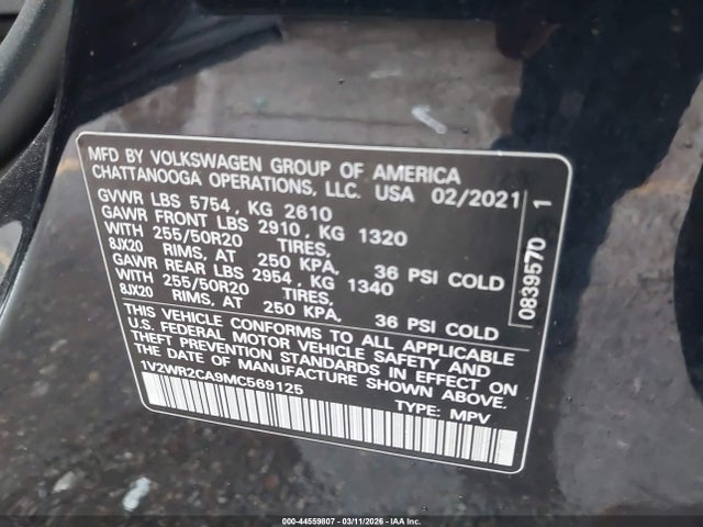 2021 Volkswagen Atlas 3.6l V6 Se W/technology მანქანა იყიდება აუქციონზე, vin: 1V2WR2CA9MC569125, აუქციონის ნომერი: 44559807