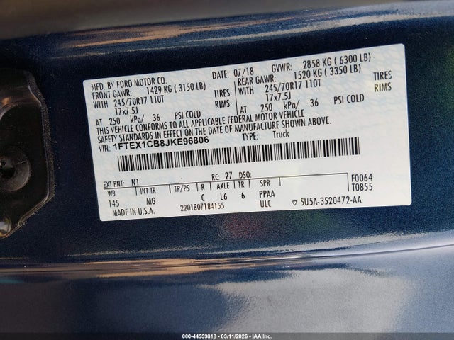 2018 Ford F-150 Xlt მანქანა იყიდება აუქციონზე, vin: 1FTEX1CB8JKE96806, აუქციონის ნომერი: 44559818