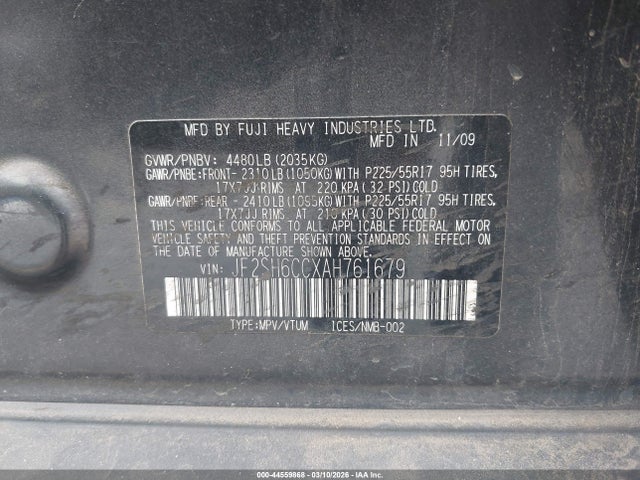 44559868 :رقم المزاد ، JF2SH6CCXAH761679 vin ، 2010 Subaru Forester 2.5x Premium مزاد بيع