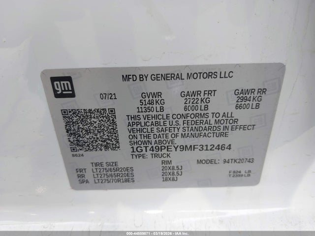 Продаж на аукціоні авто 2021 Gmc Sierra 2500hd 4wd  Standard Bed At4, vin: 1GT49PEY9MF312464, номер лоту: 44559871