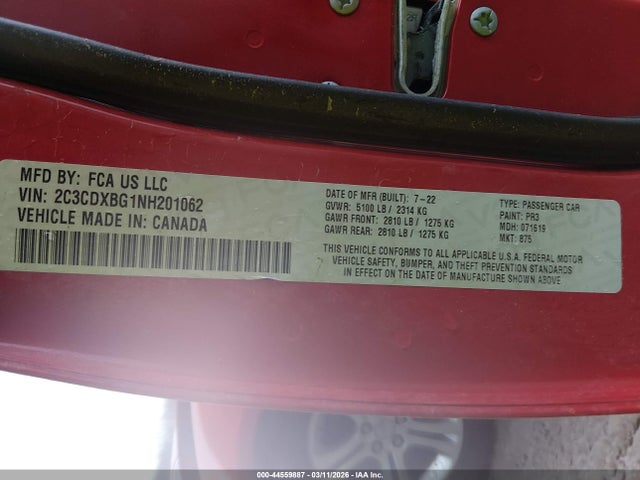 Продаж на аукціоні авто 2022 Dodge Charger Sxt Rwd, vin: 2C3CDXBG1NH201062, номер лоту: 44559887