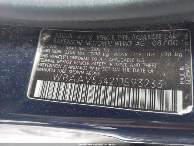 Aukcja sprzedaży 2001 Bmw 330i, vin: WBAAV53421JS93233, numer aukcji: 44559914