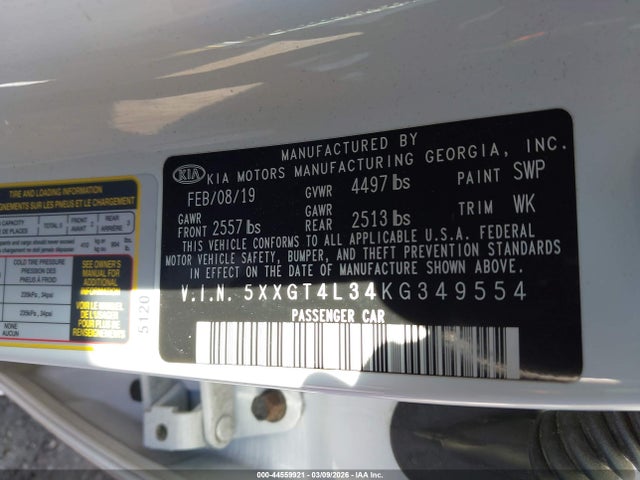 2019 Kia Optima Lx მანქანა იყიდება აუქციონზე, vin: 5XXGT4L34KG349554, აუქციონის ნომერი: 44559921