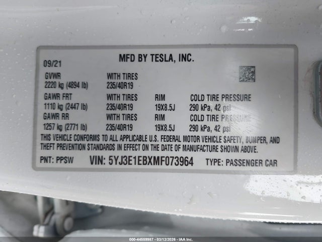 Продаж на аукціоні авто 2021 Tesla Model 3 Long Range Dual Motor All-wheel Drive, vin: 5YJ3E1EBXMF073964, номер лоту: 44559987